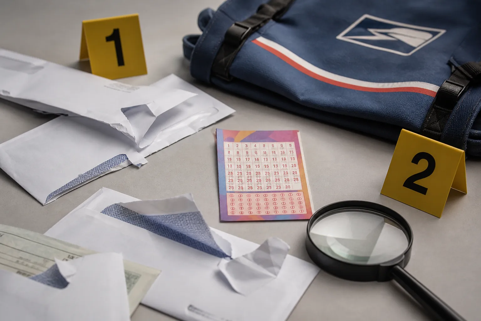 Opened mail envelopes, a lottery ticket, evidence markers, a mail satchel, and a magnifying glass arranged as a mail-theft investigation still life