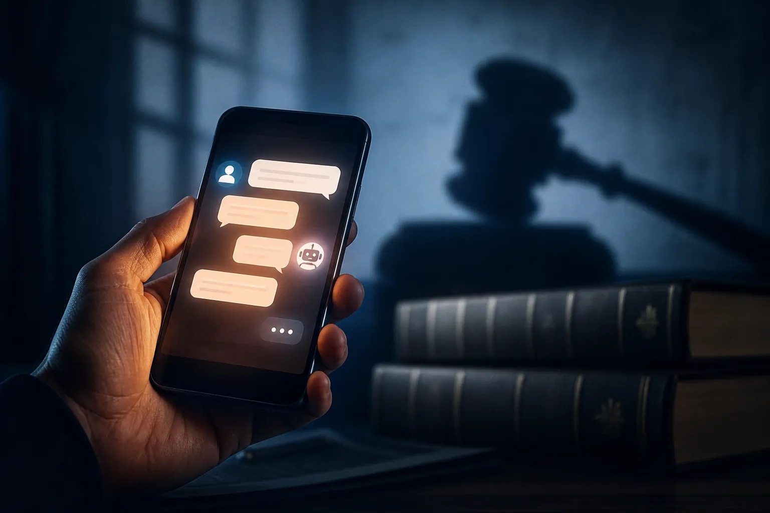 A smartphone AI chat interface under the shadow of a courtroom gavel and law books