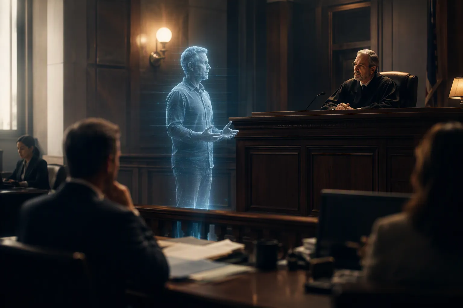 Modern courtroom sentencing hearing with a translucent holographic avatar facing a judge