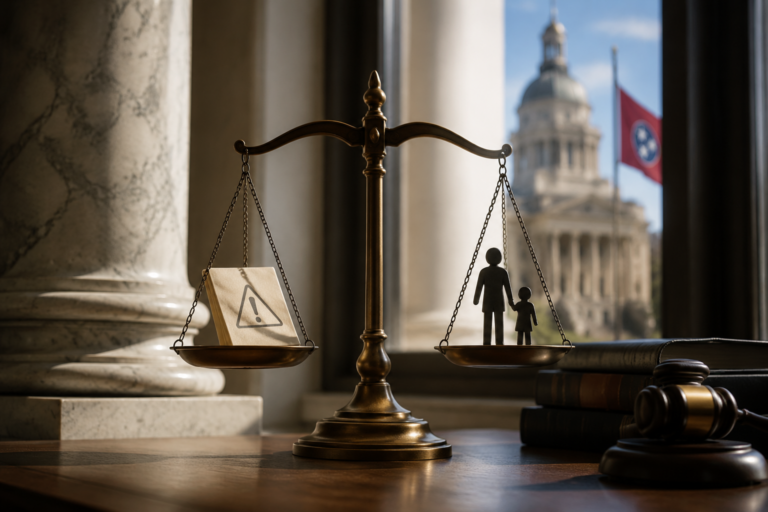 Tennessee courthouse column with a justice scale, petition document, and parent-child silhouette