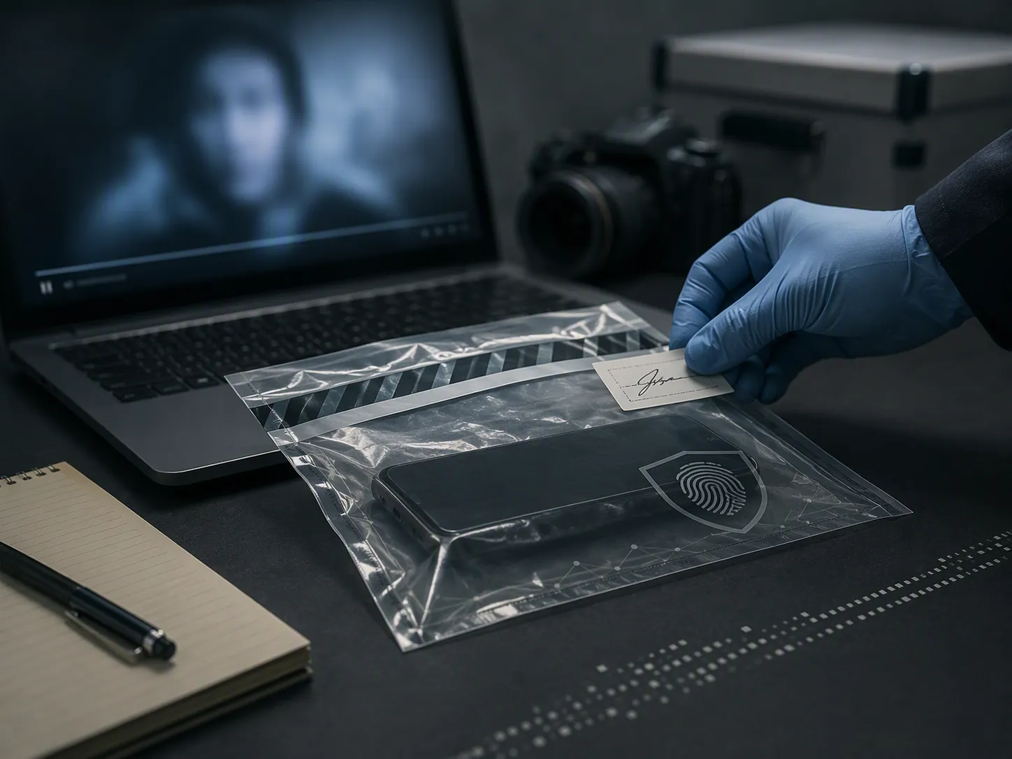 Gloved hand labeling a tamper-evident evidence bag beside a laptop showing a paused face video
