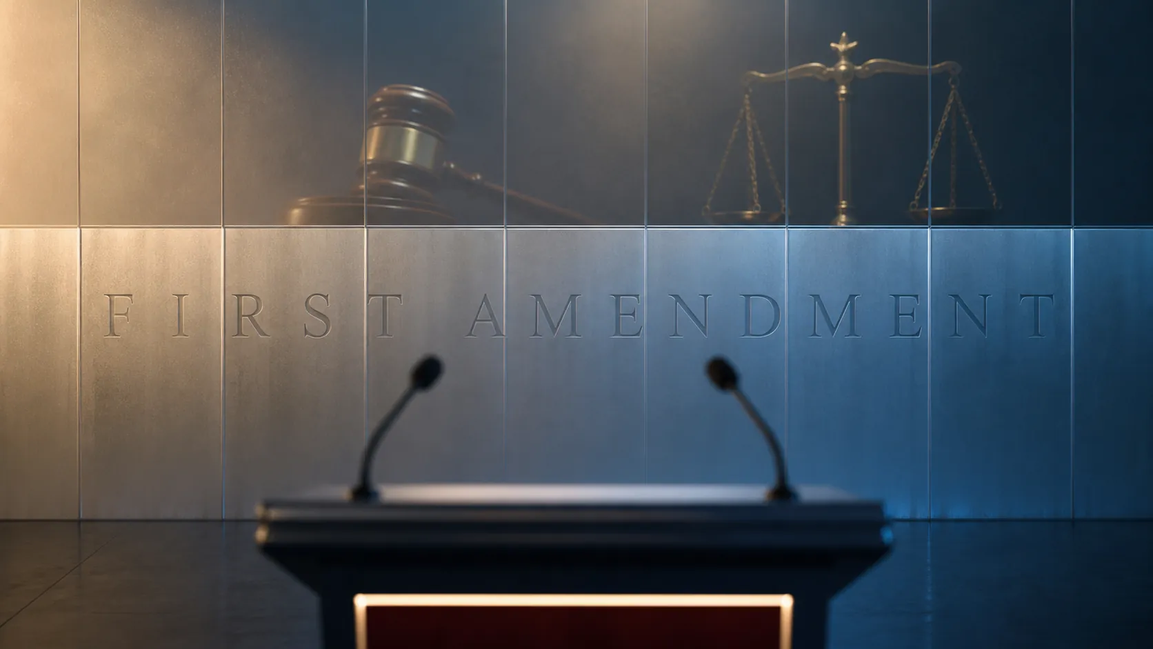 Debate podium separated from legal symbols by a First Amendment barrier