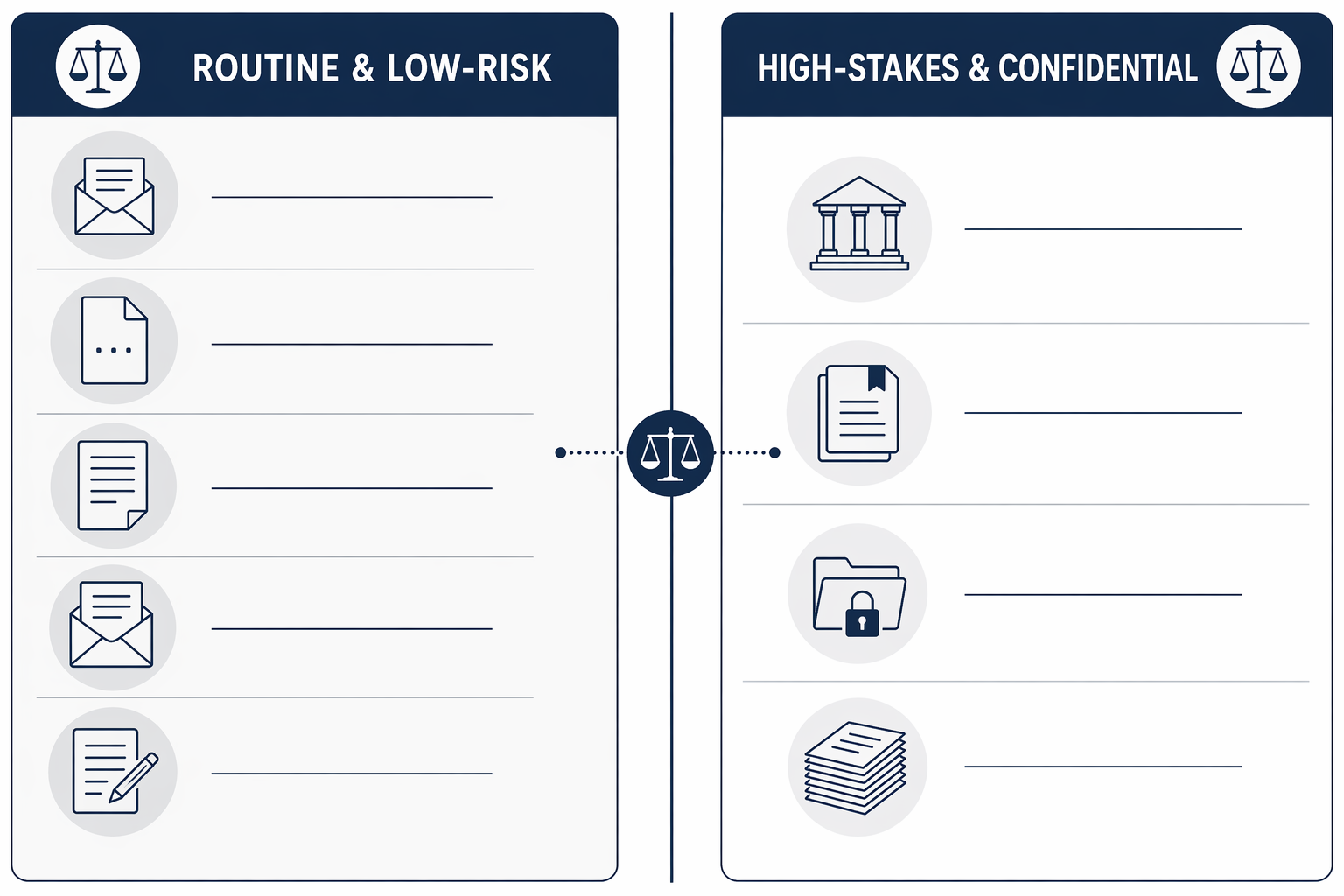 A two-column flat vector infographic dividing legal writing tasks. The left column labeled 'Routine & Low-Risk' shows icons for a demand letter, clause, memo, email template, and initial draft. The right column labeled 'High-Stakes & Confidential' shows icons for a court filing, brief, confidential document, and contract. Small scales sit between the columns.
