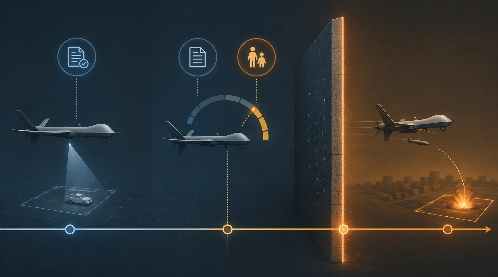 Timeline illustration showing new civilian information blocked after an autonomous drone has entered an attack trajectory
