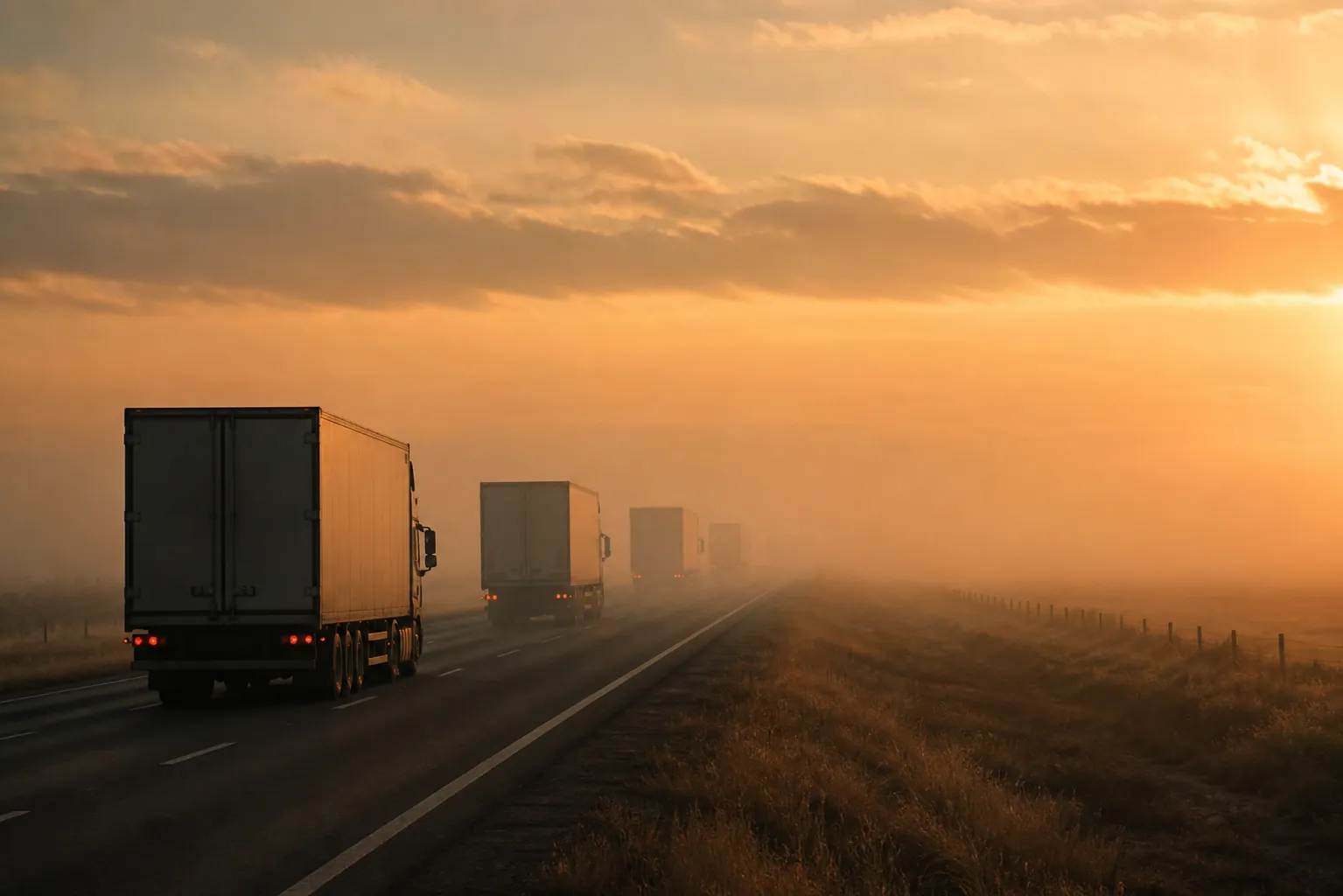 A line of semi-trucks fading gradually into haze along a highway at golden hour
