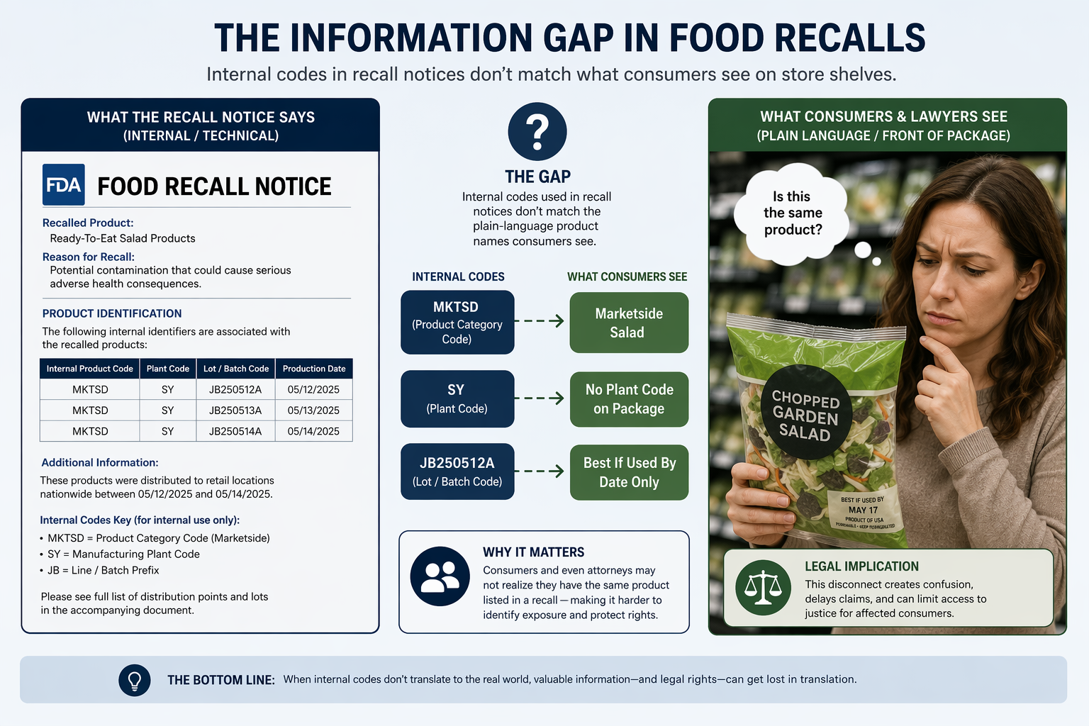 FDA-style recall document with internal product codes beside a consumer holding a salad bag and trying to connect the codes to plain-language product names