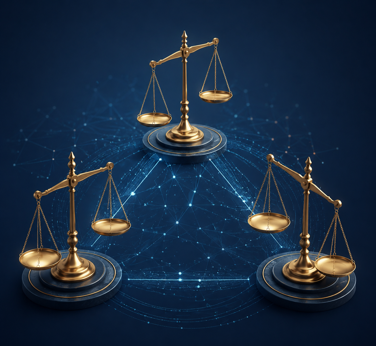 Three judicial scales connected by digital data streams, representing diverging district court rulings on AI training fair use