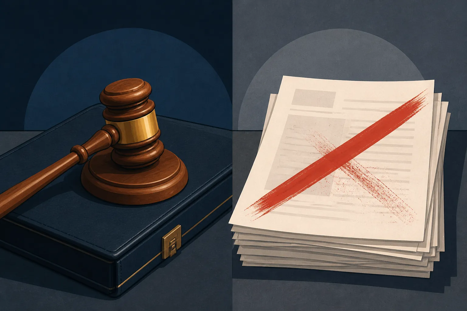 Editorial illustration of a mistrial motion denied while testimony is struck from the record