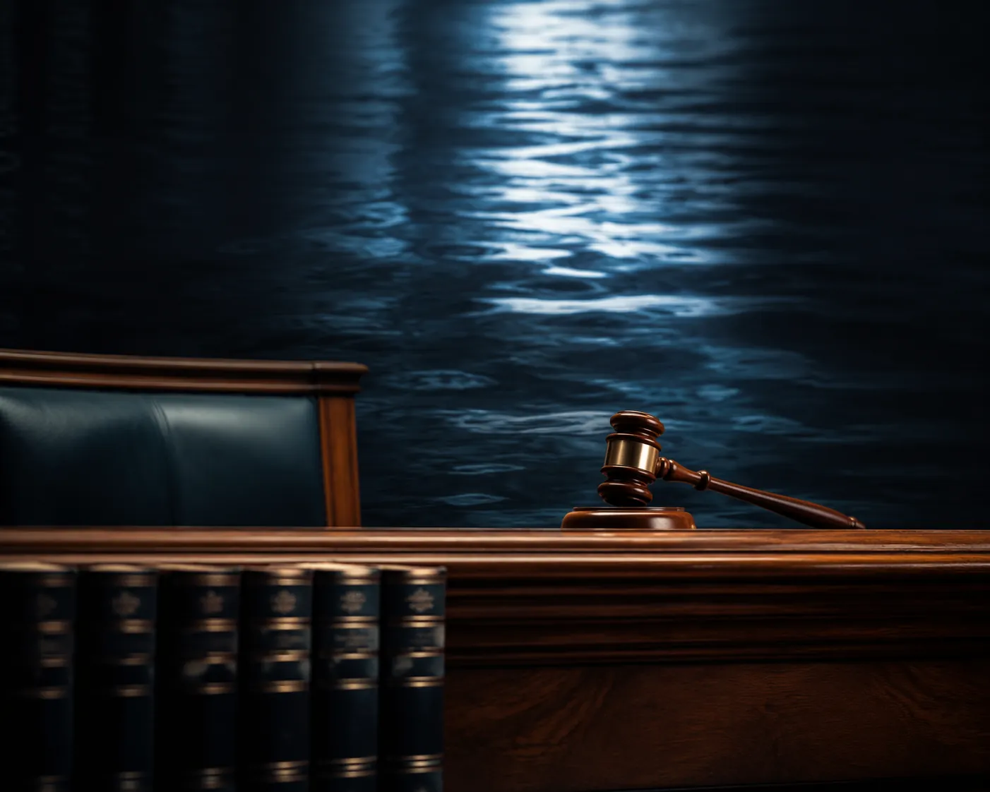 A judge's bench with law books and water-like reflections in a dim courtroom setting