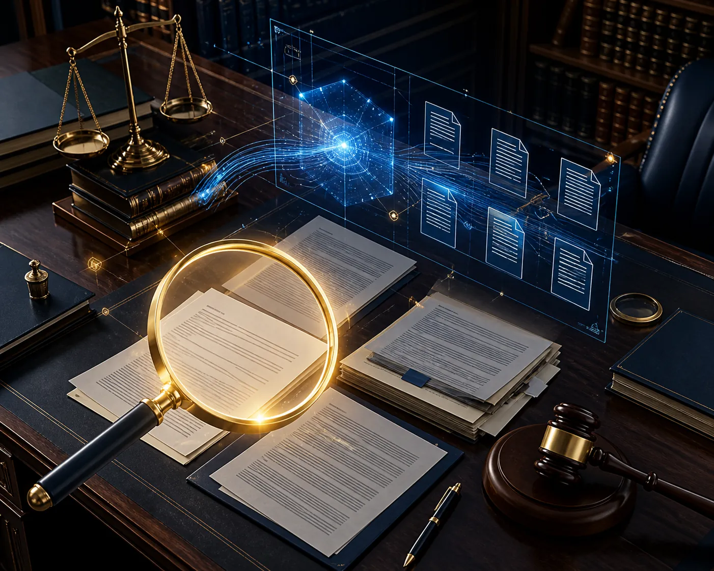 Law library desk with legal documents, a gavel, a holographic AI interface, and a magnifying glass symbolizing verification duty