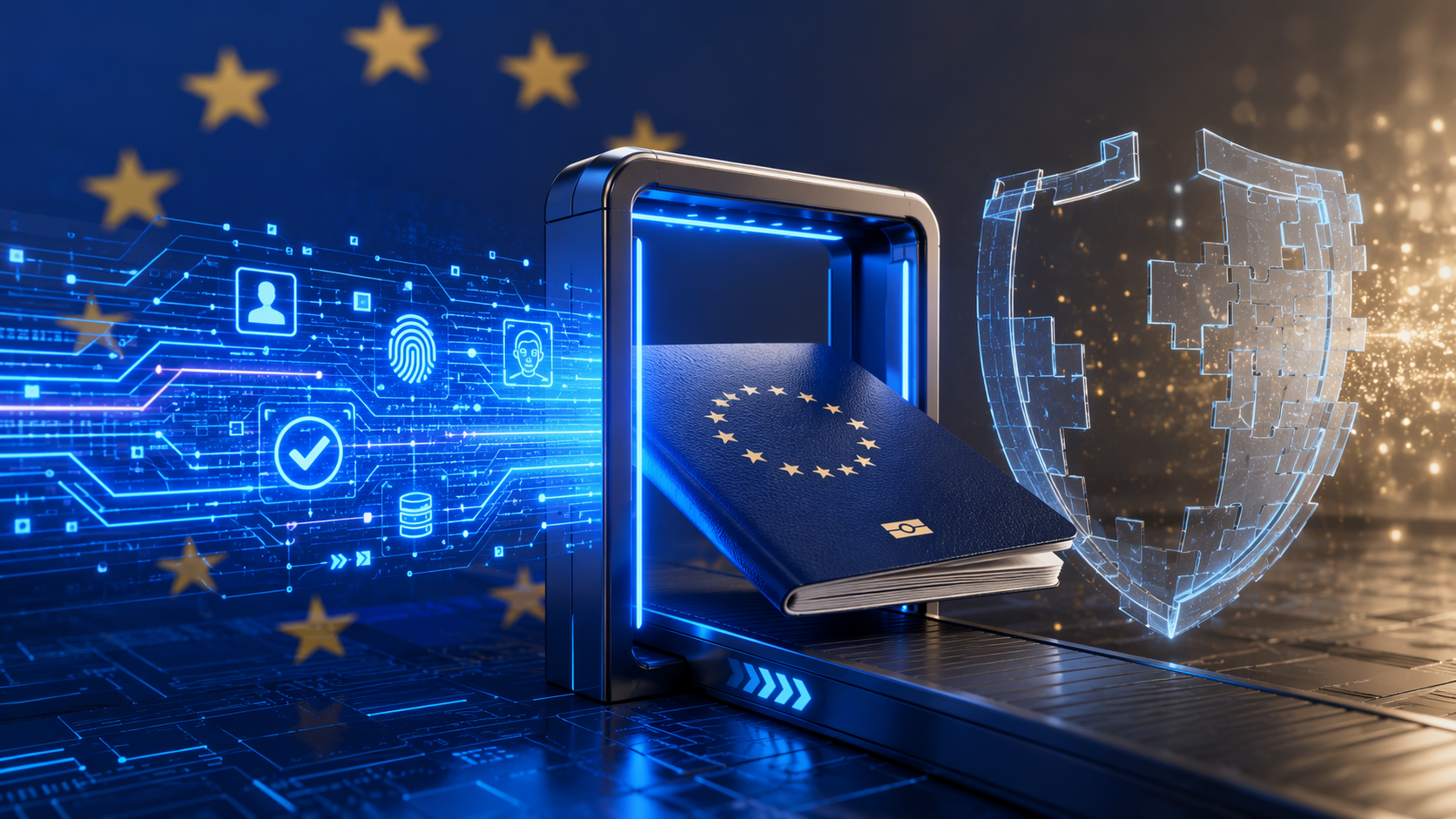 Passport moving through a digital gateway while an incomplete shield suggests delayed regulatory safeguards