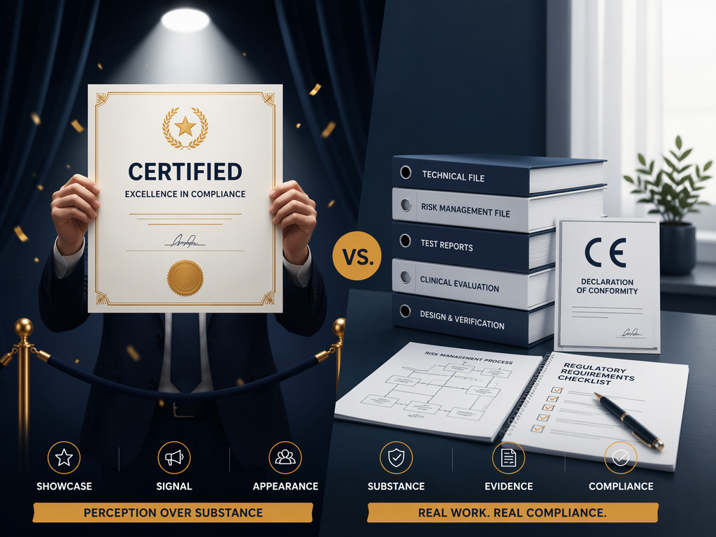 Split editorial illustration contrasting empty certification theater on the left with substantive compliance work on the right, in restrained navy, white, and amber tones.