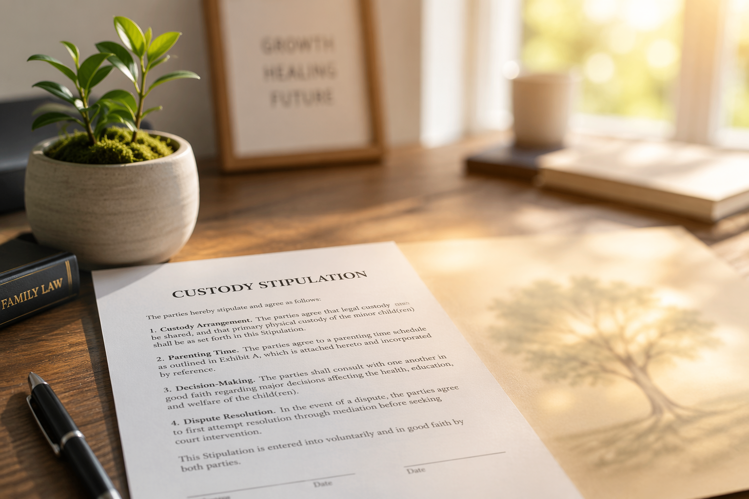 Custody stipulation document on a wooden desk beside a small potted plant with new green growth