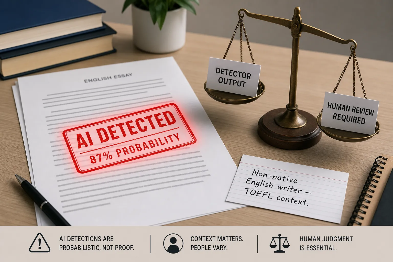Student essay stamped AI detected with note requiring human review for a non-native English writer