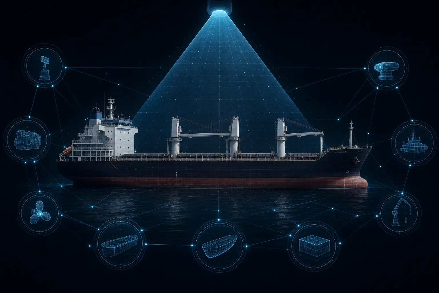 Cargo vessel under a scanning spotlight with verification nodes around it
