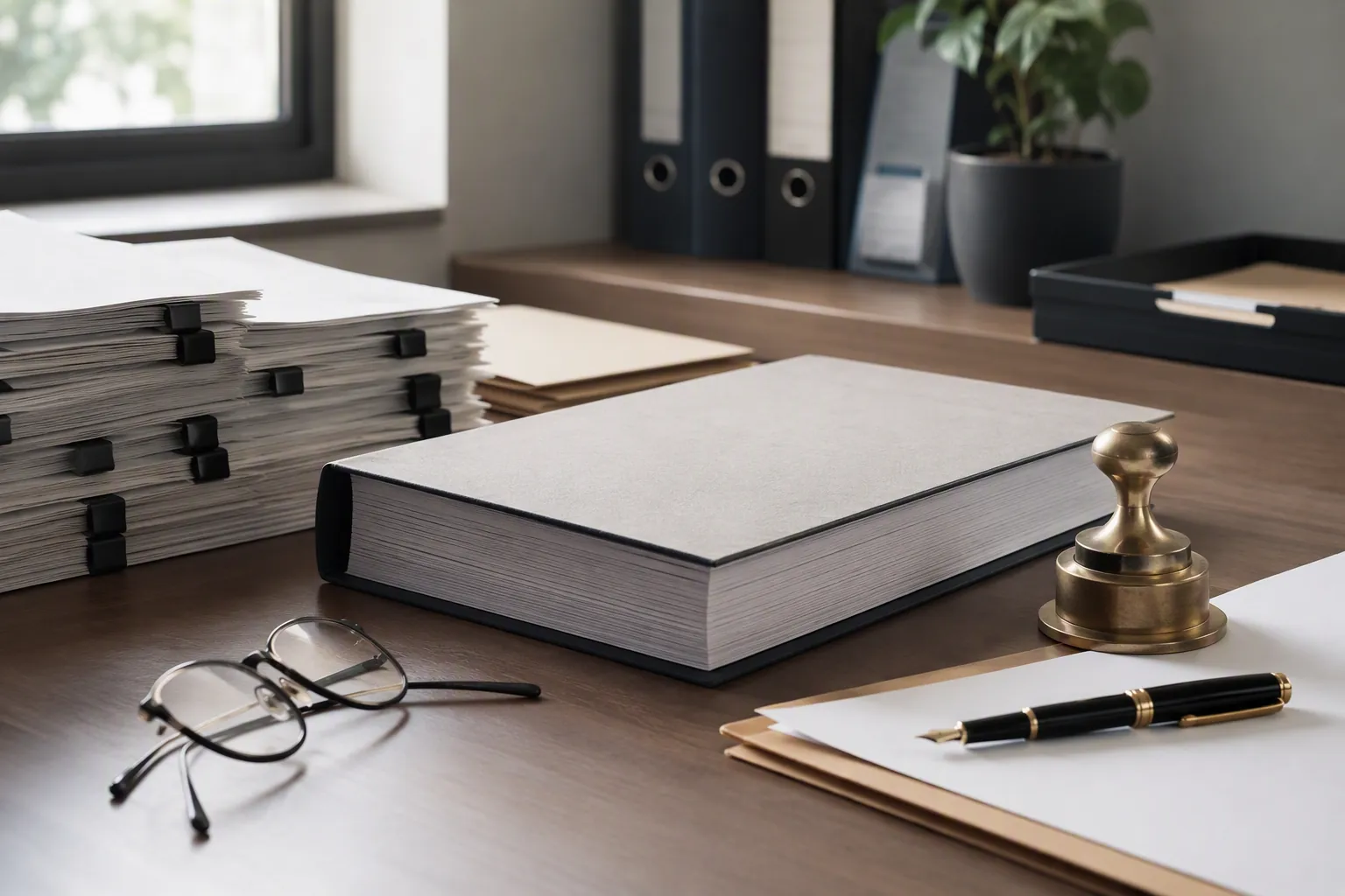Administrative record documents, compliance report, official seal stamp, reading glasses, and pen on an office desk