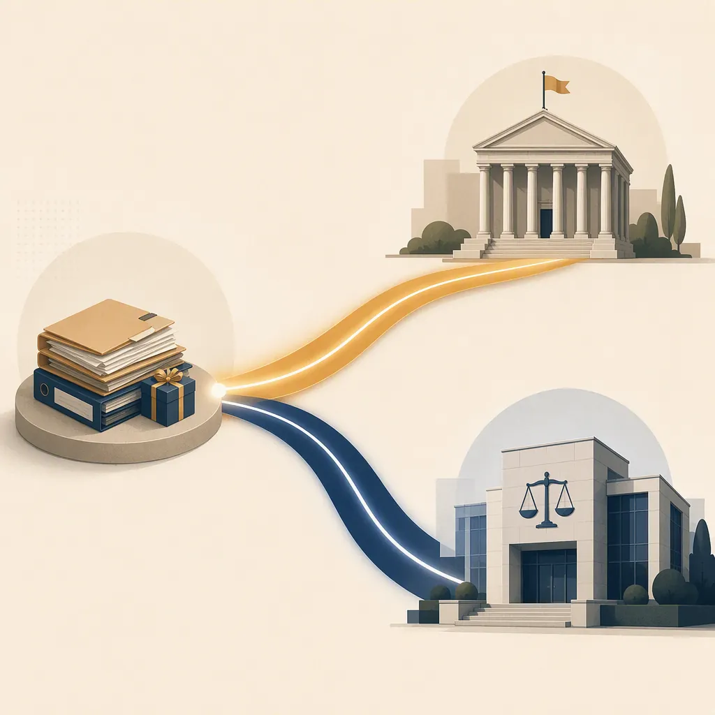 A single stack of files branching into separate ethics-discipline and civil-claim paths