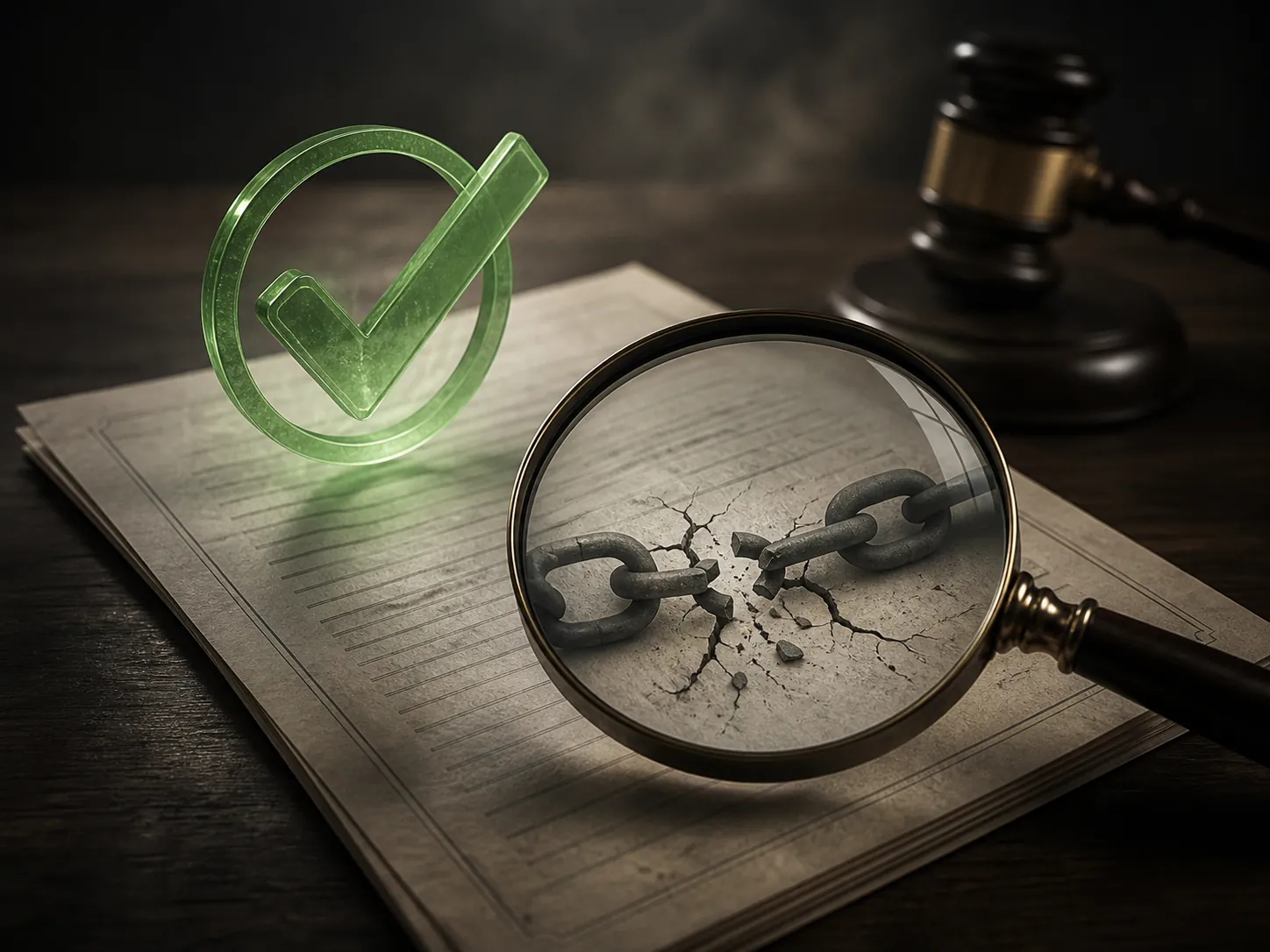 Legal document with a verification checkmark and magnifying glass revealing broken citation links