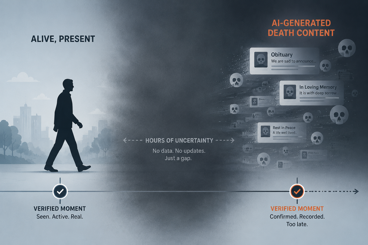 Timeline showing a living person, a foggy missing-person data void, and AI obituary content emerging from the uncertainty