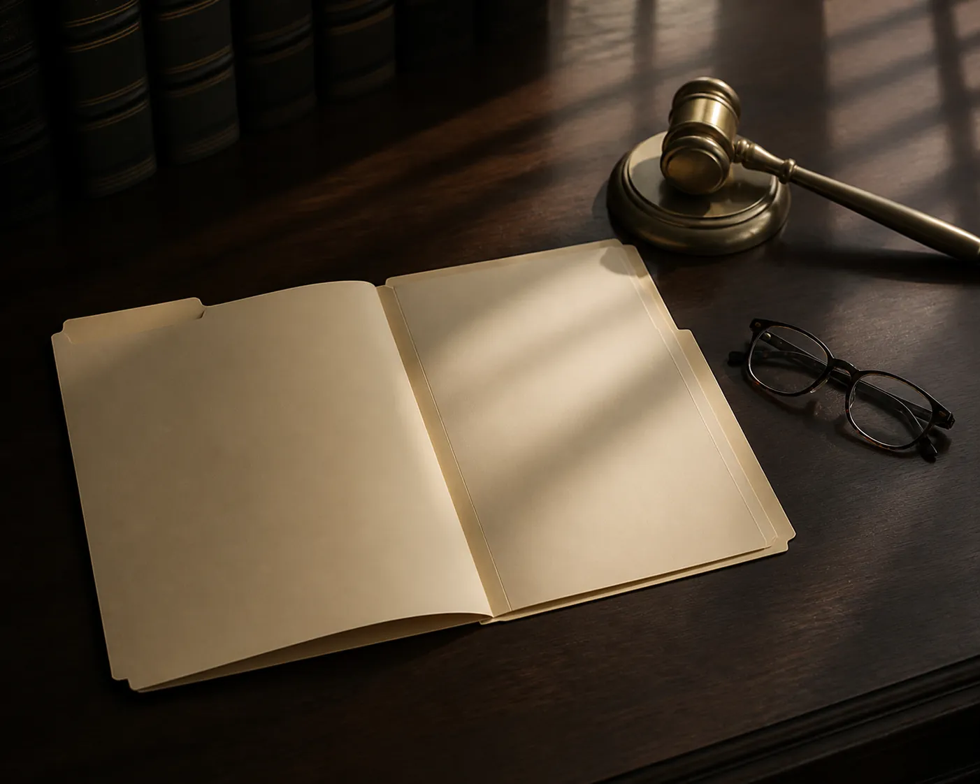 An empty manila legal case file on a dark wooden desk beside a gavel and reading glasses