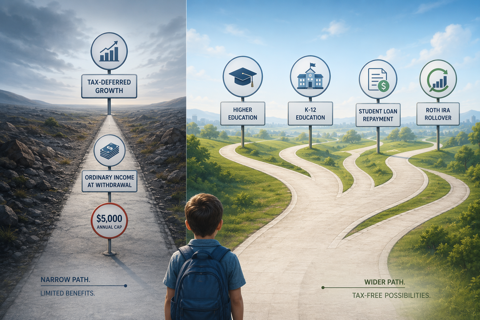 Pathway comparison showing a capped Trump Account route and a broader 529 plan route with education and Roth rollover options