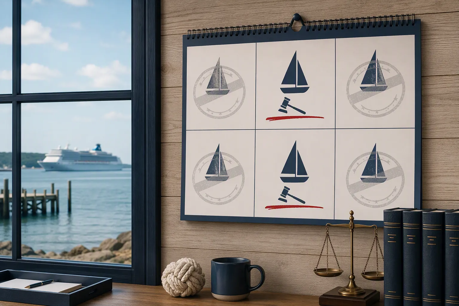 A coastal wall calendar with July and August underlined and a small gavel icon