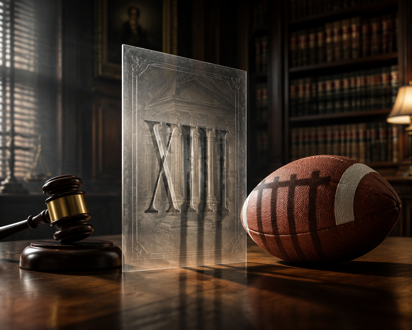 A courtroom gavel, an American football, and a translucent document marked XIII forming a barrier between law and football