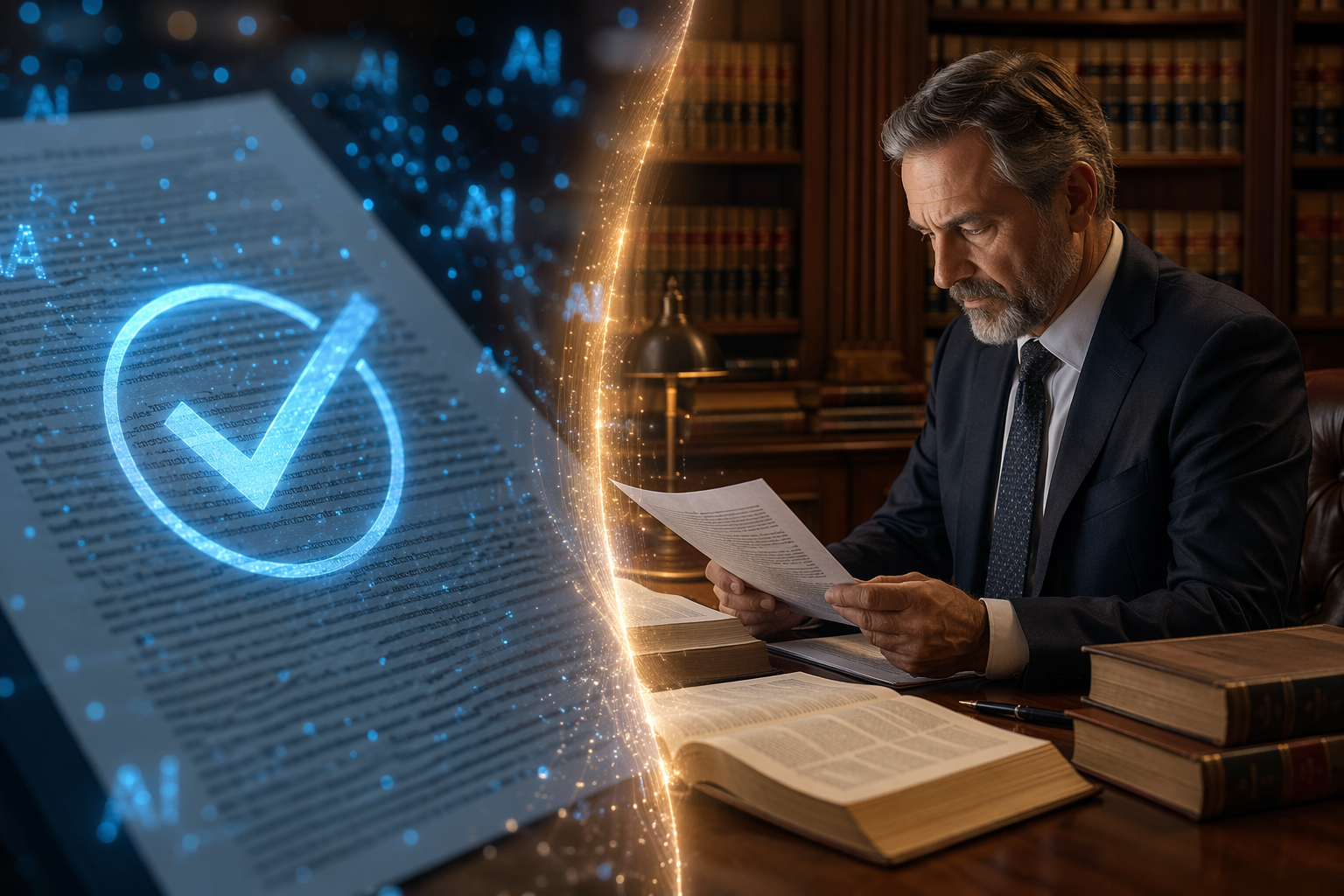 Split view of surface-level AI citation verification and attorney subject-matter review