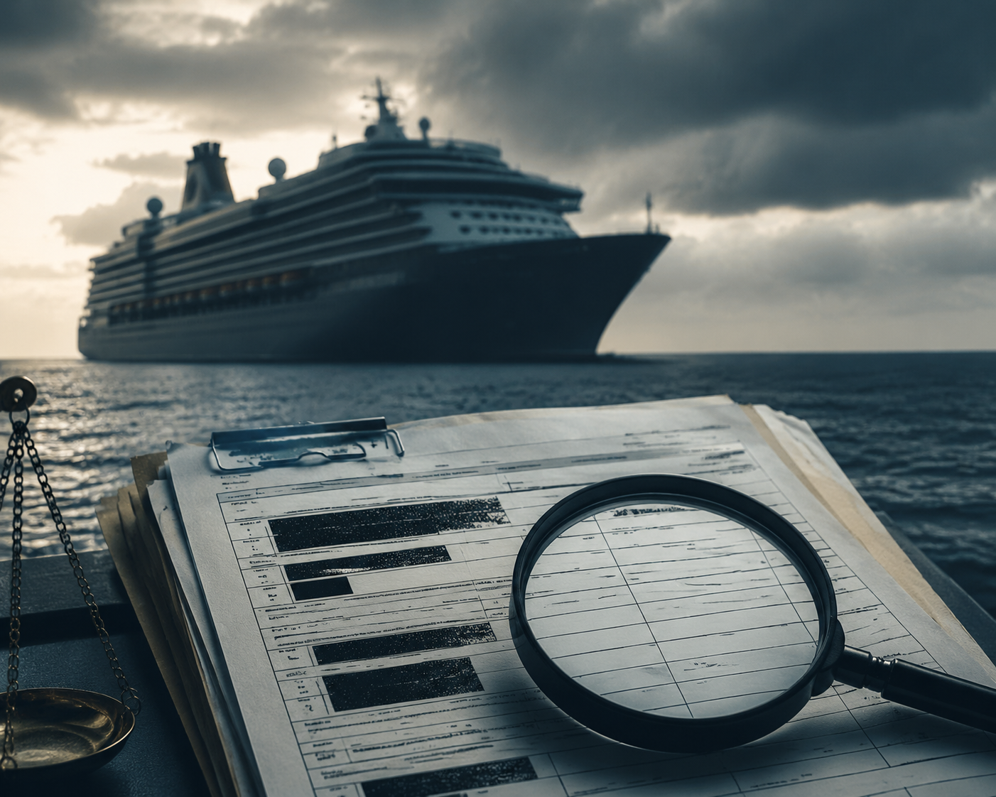 Cruise ship under a moody sky with an incomplete evidentiary document and magnifying glass in the foreground