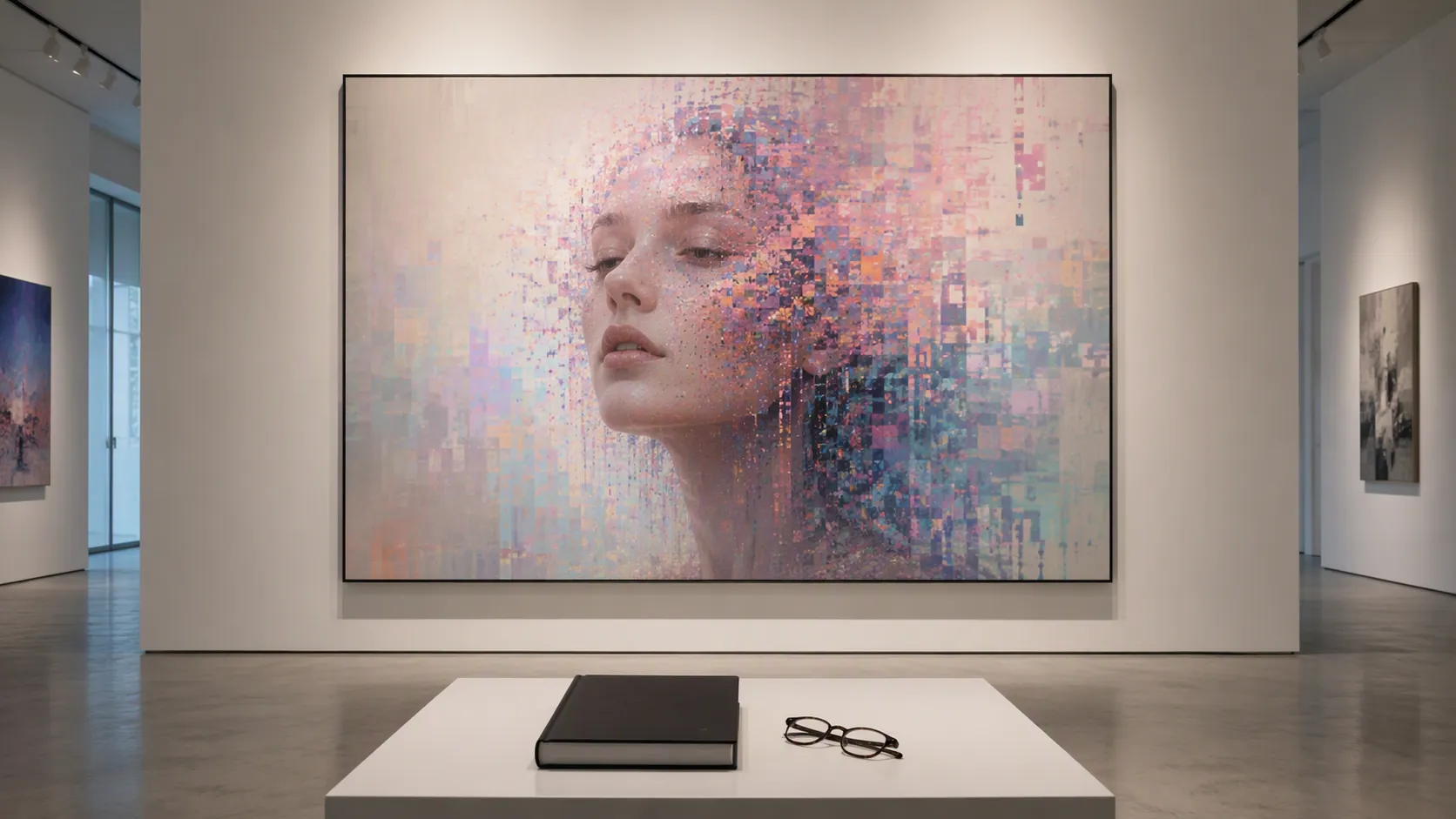 A contemporary gallery wall displaying an AI-generated portrait with a legal book and reading glasses on a plinth