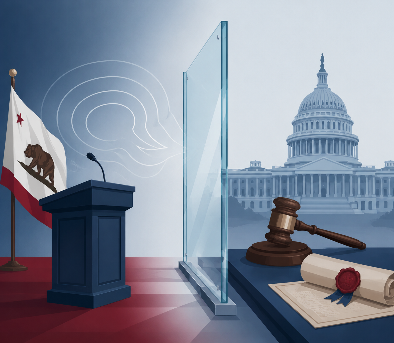 Editorial illustration separating a governor's political speech from the formal constitutional mechanism