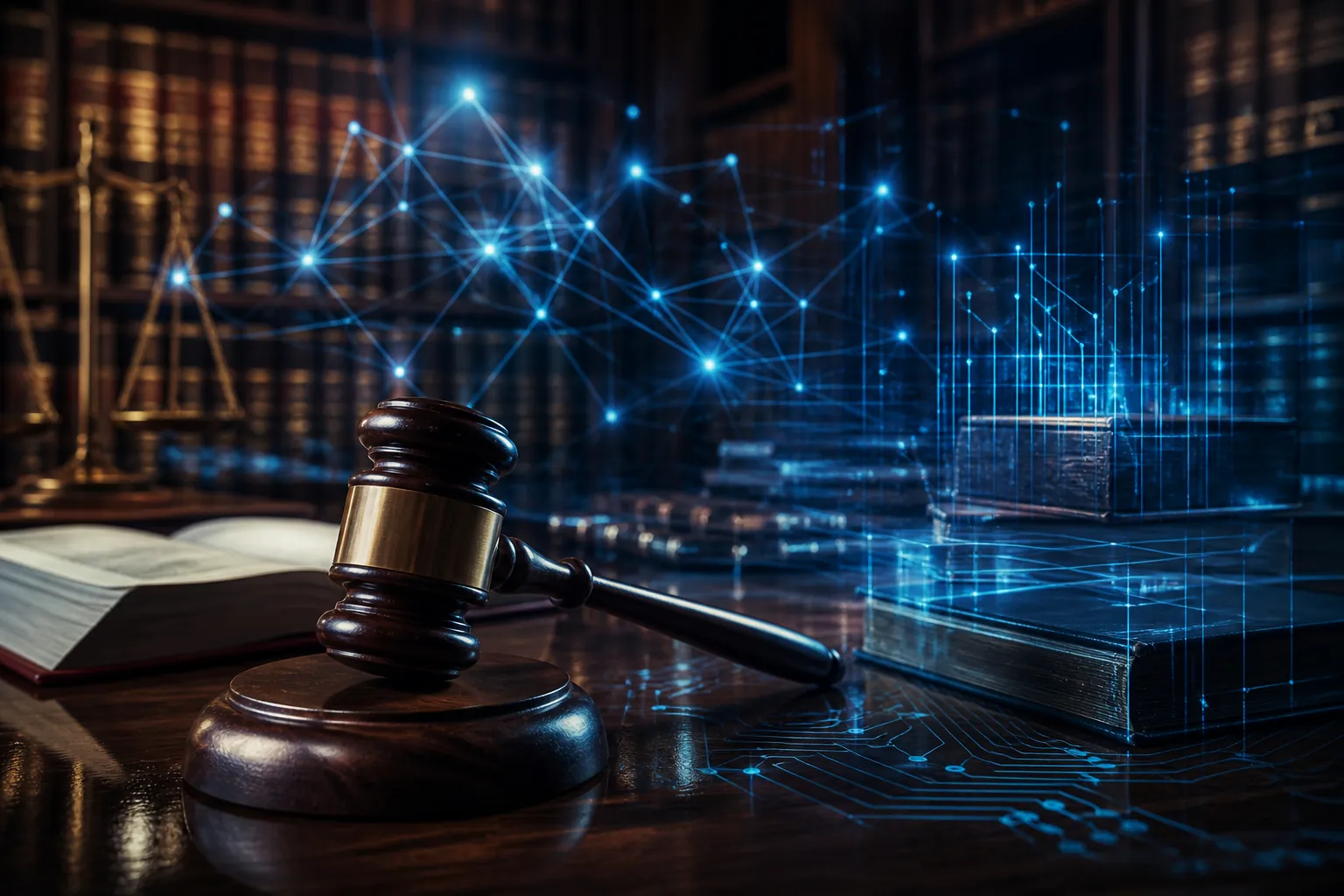 Judge's gavel with holographic neural network patterns over legal documents