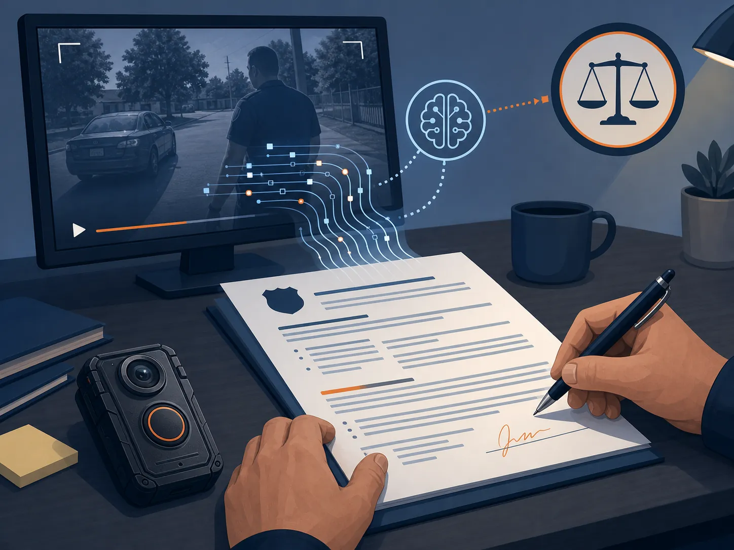 Body-worn camera footage flowing into an AI-assisted police report being edited and signed