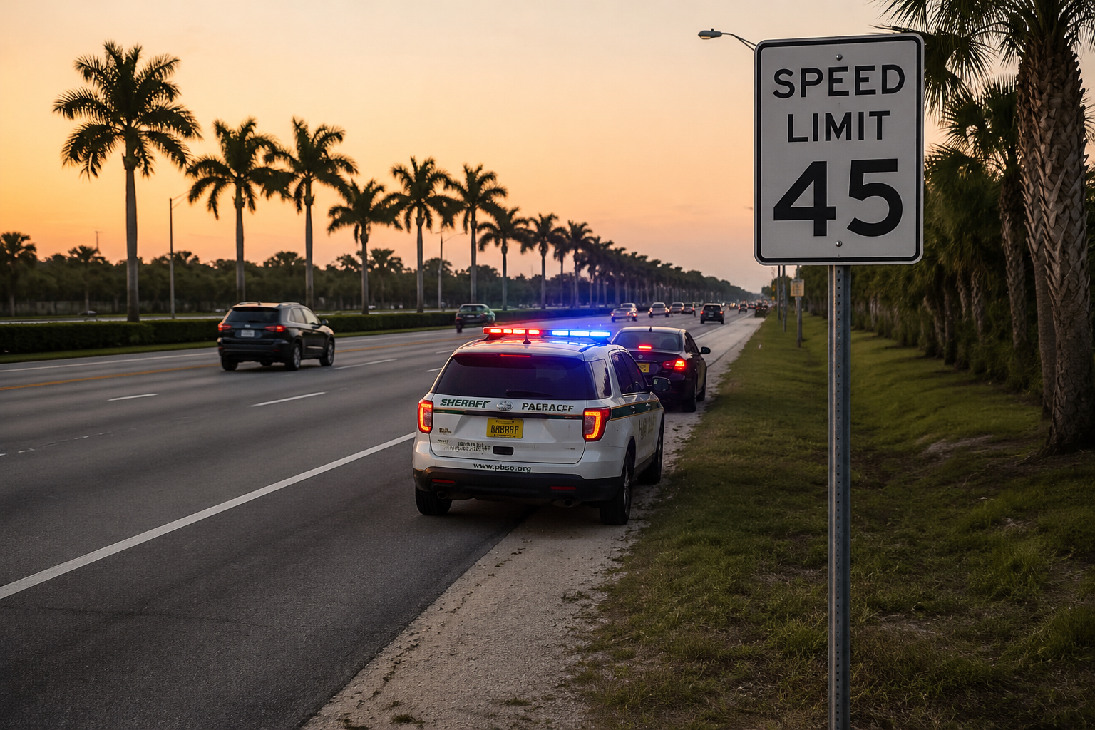 Florida highway at dusk with a sheriff's patrol car stopped on the shoulder near a 45 MPH sign