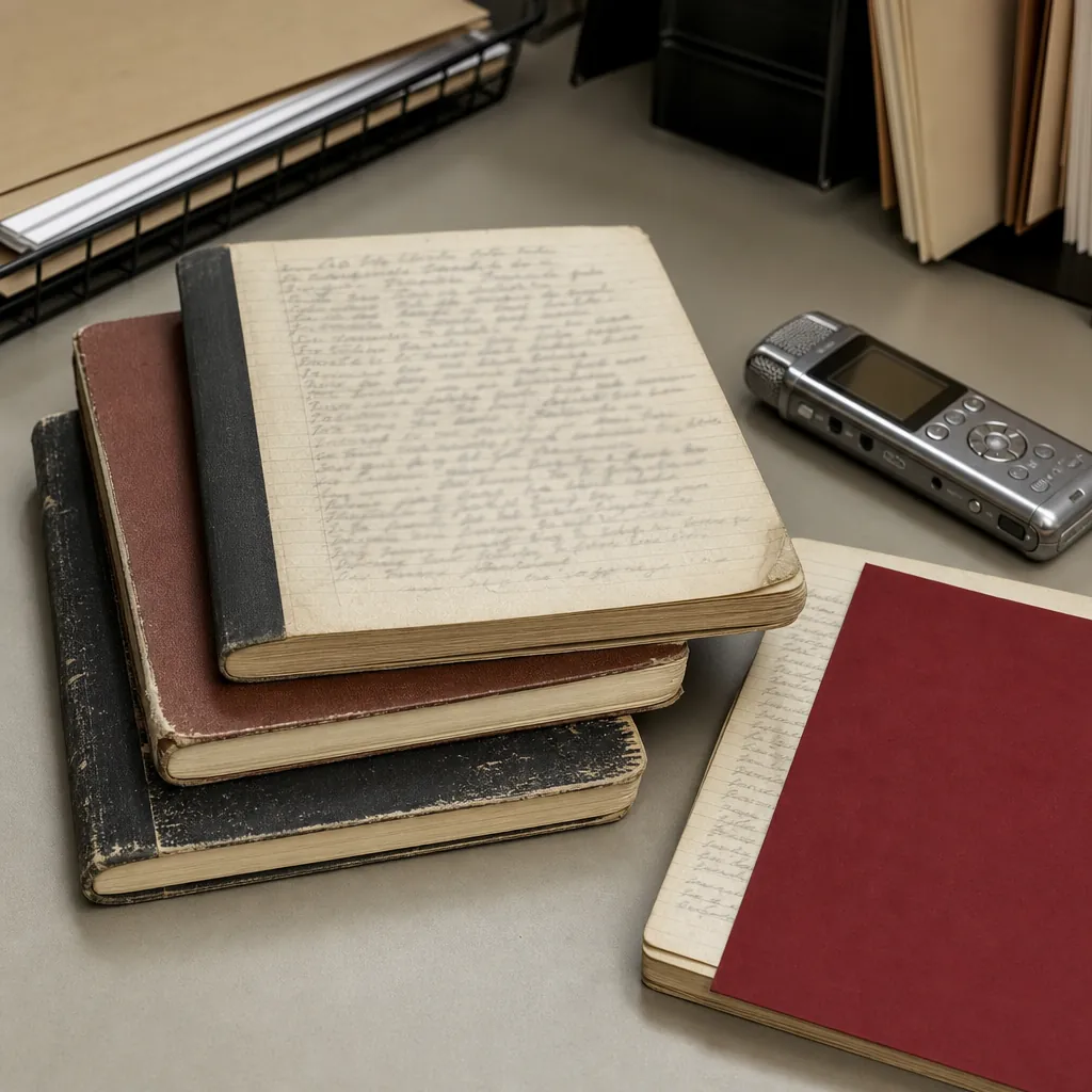 Three handwritten notebooks beside an audio recorder with a red non-disclosure slip