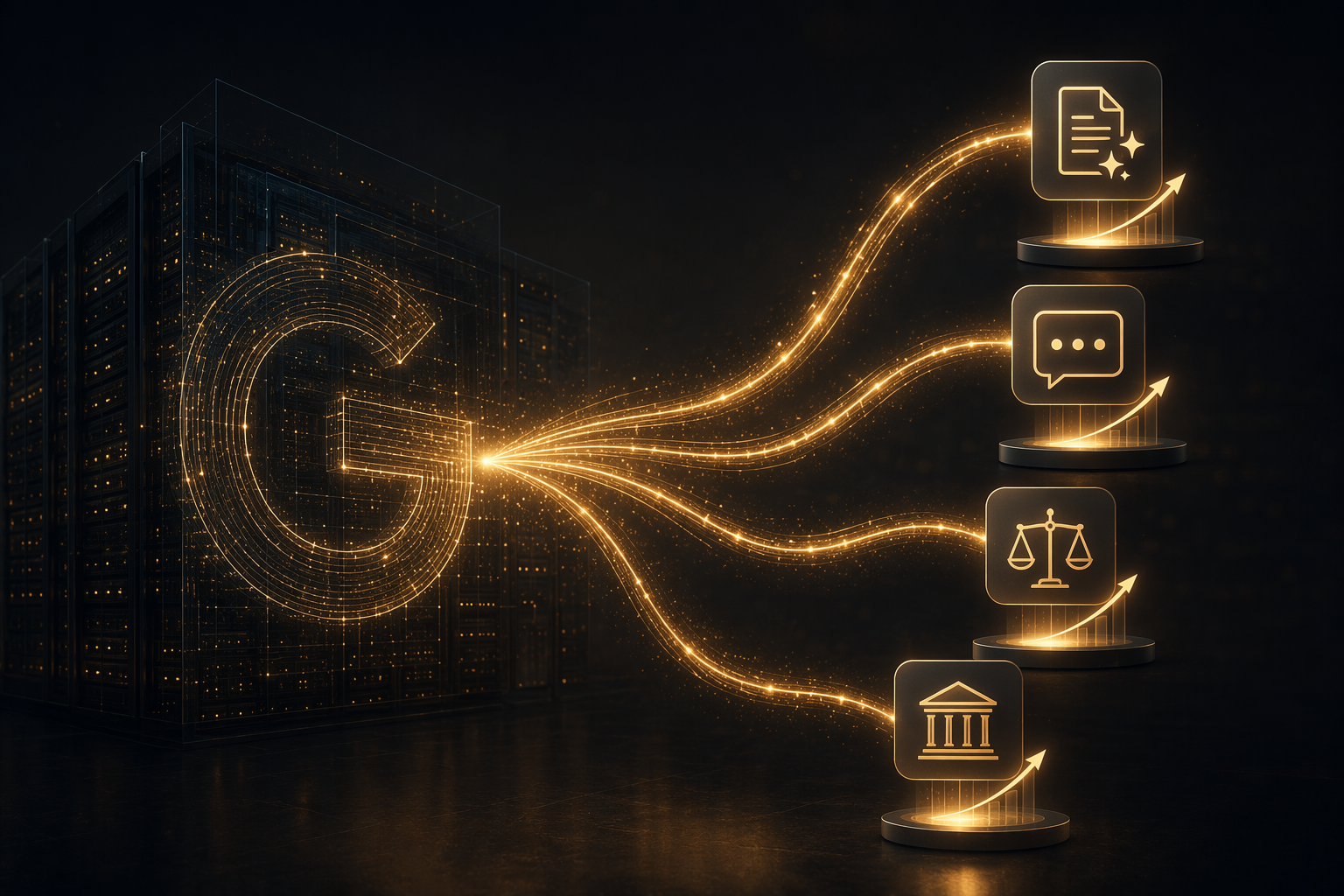 Data center silhouette sending gold threads toward legal-tech startup icons