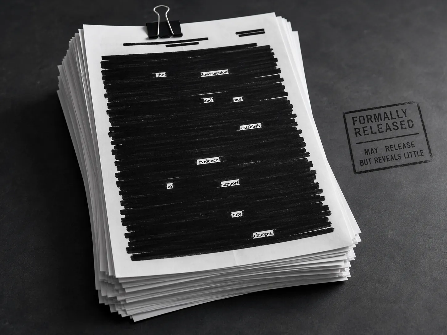 Stack of legal documents with nearly all text covered by redaction bars