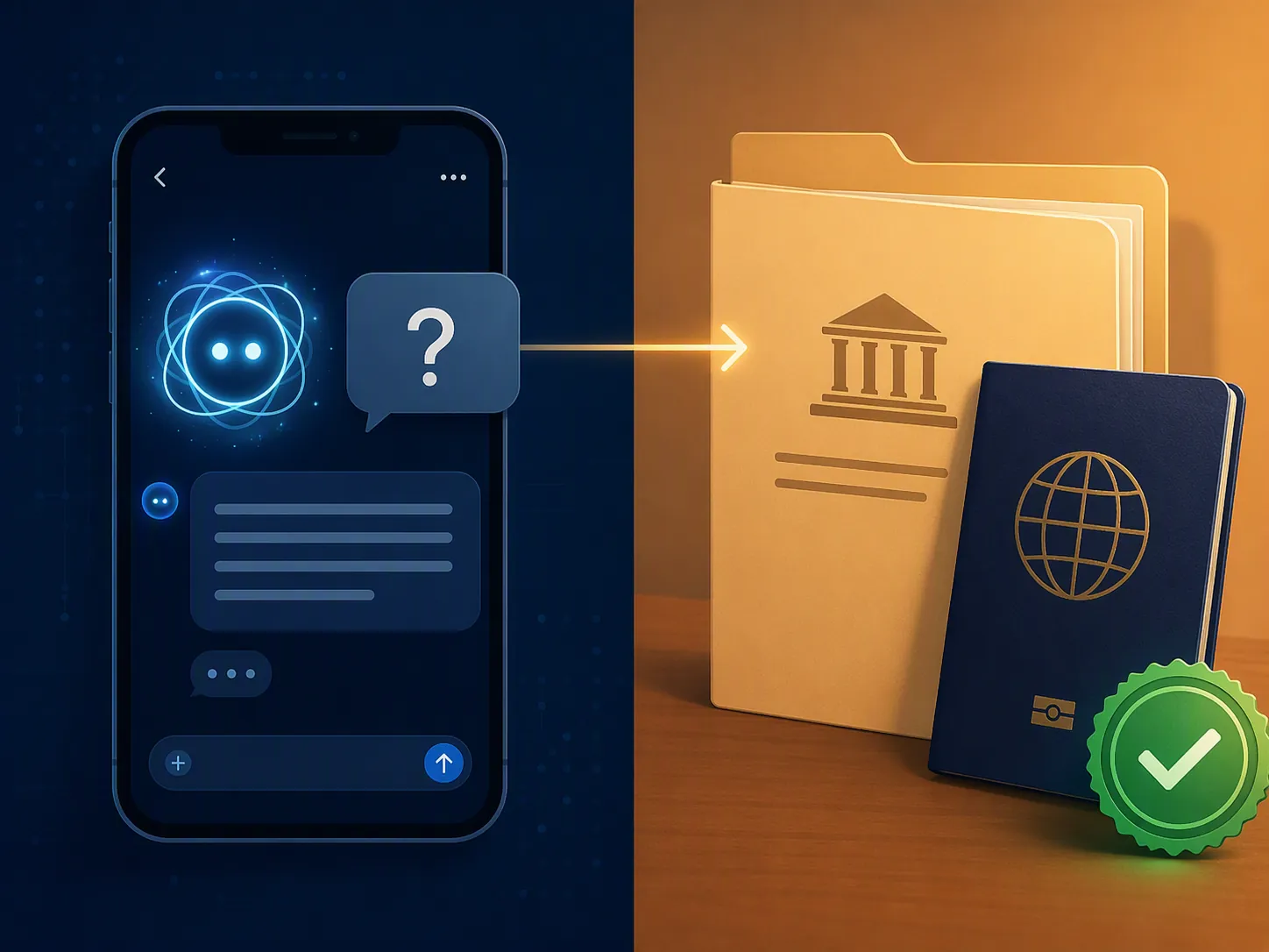 AI chat advice pointing toward an official travel document folder and passport verification seal