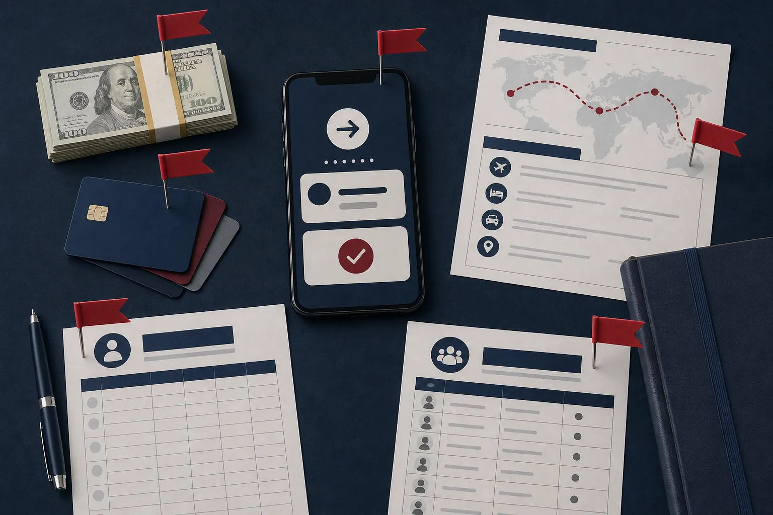 Financial red-flag items including cash, prepaid cards, money-transfer screen, travel itinerary, payroll sheet, and contractor roster