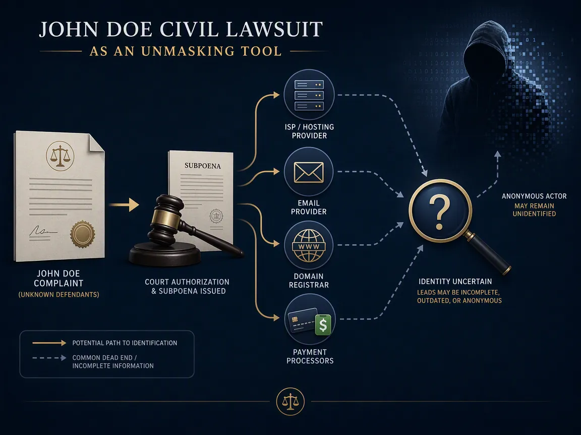 Procedural workflow showing a John Doe complaint leading to subpoenas for ISPs, email providers, domain registrars, and payment processors, with some paths ending unresolved
