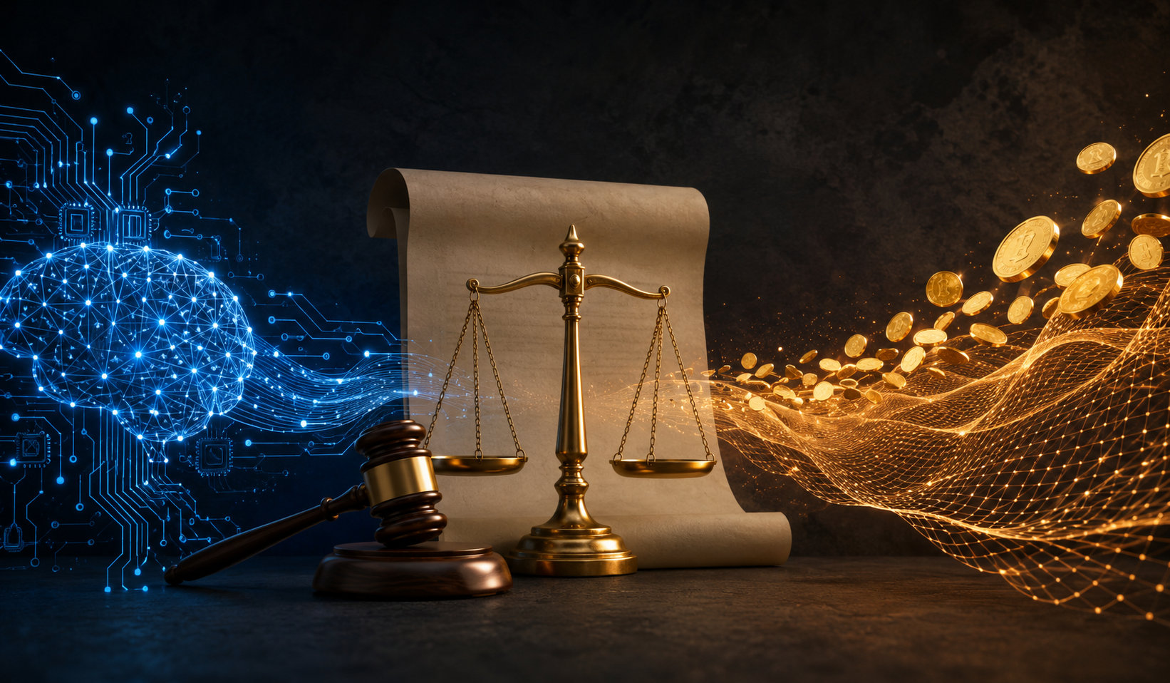 AI circuitry, legal scales, and safety-net coins on a dark editorial background