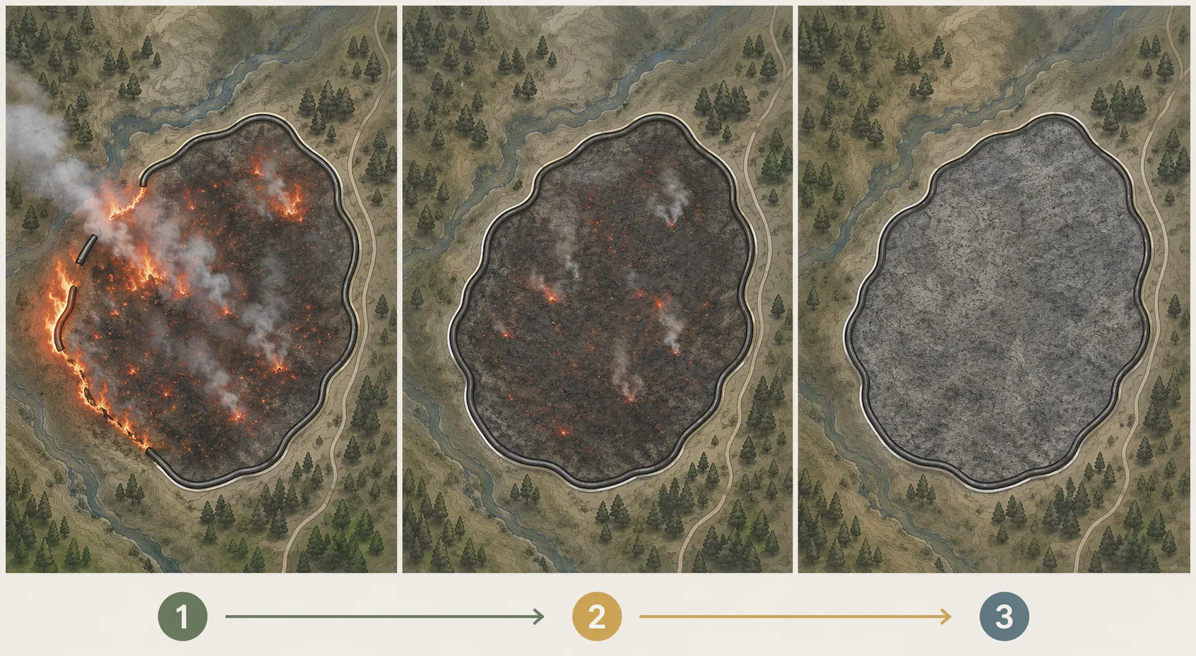 Diagram comparing contained, controlled, and extinguished wildfire conditions