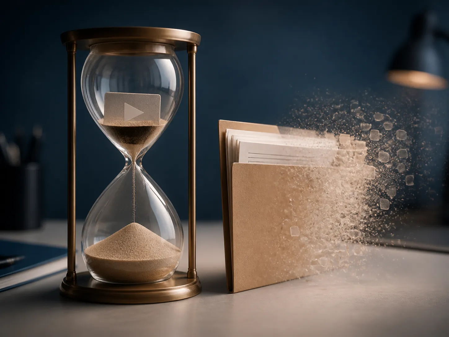 Hourglass with a video-frame icon and a dissolving record folder
