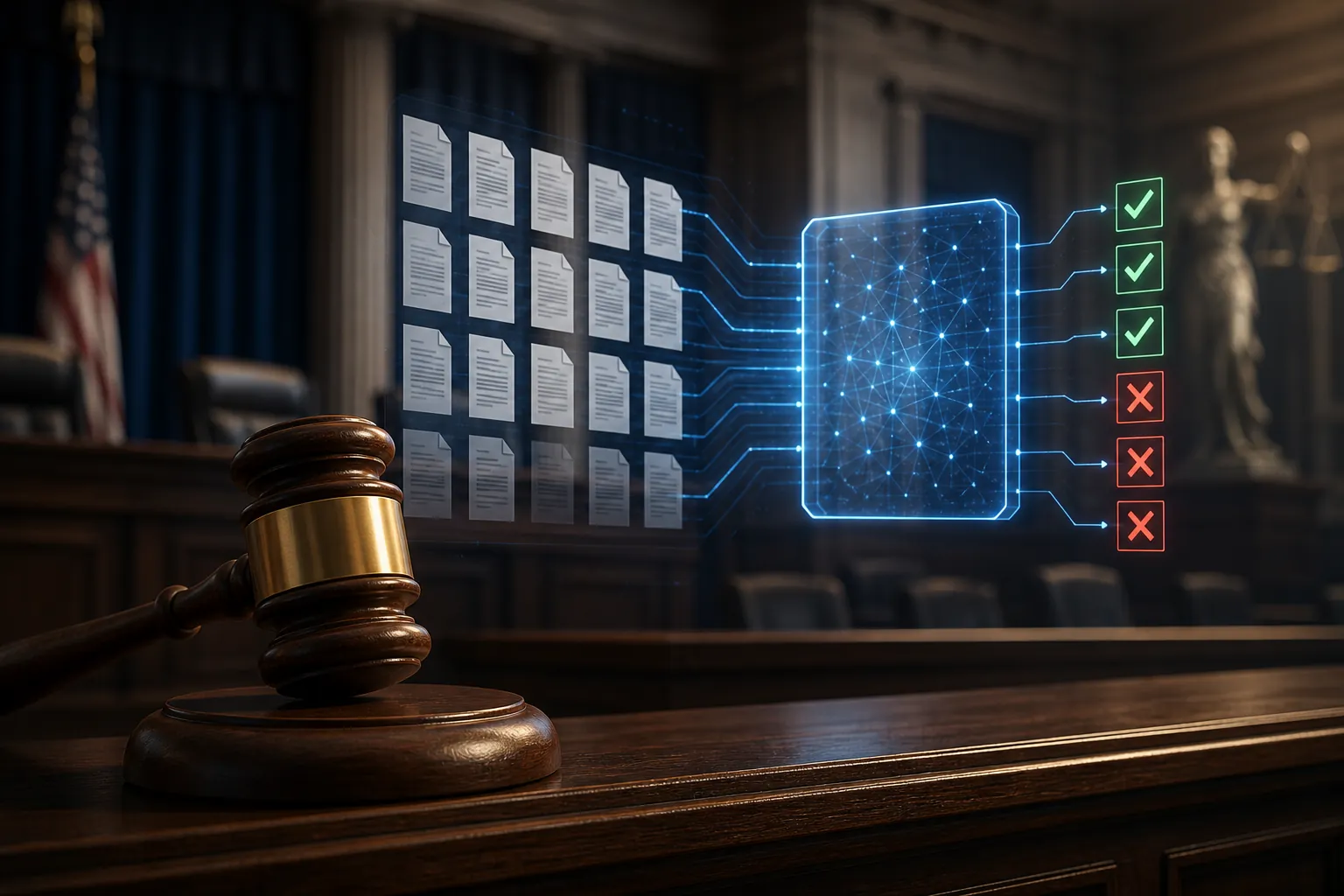 A federal courthouse interior with a gavel in the foreground and an abstract classifier screening document rows in the background