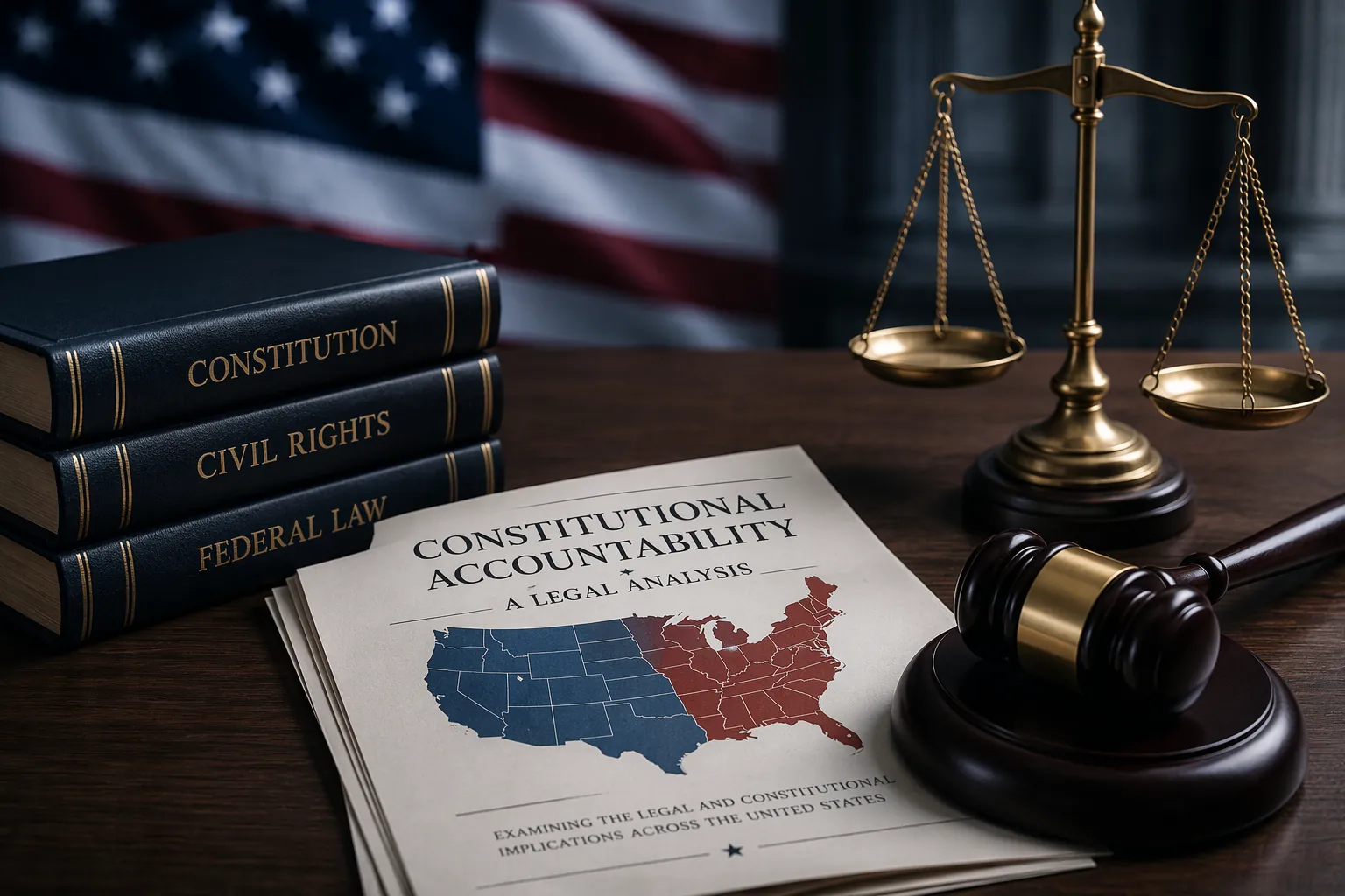Courtroom desk with a legal document showing a blue-and-red shaded United States map, a gavel, scales of justice, and an American flag