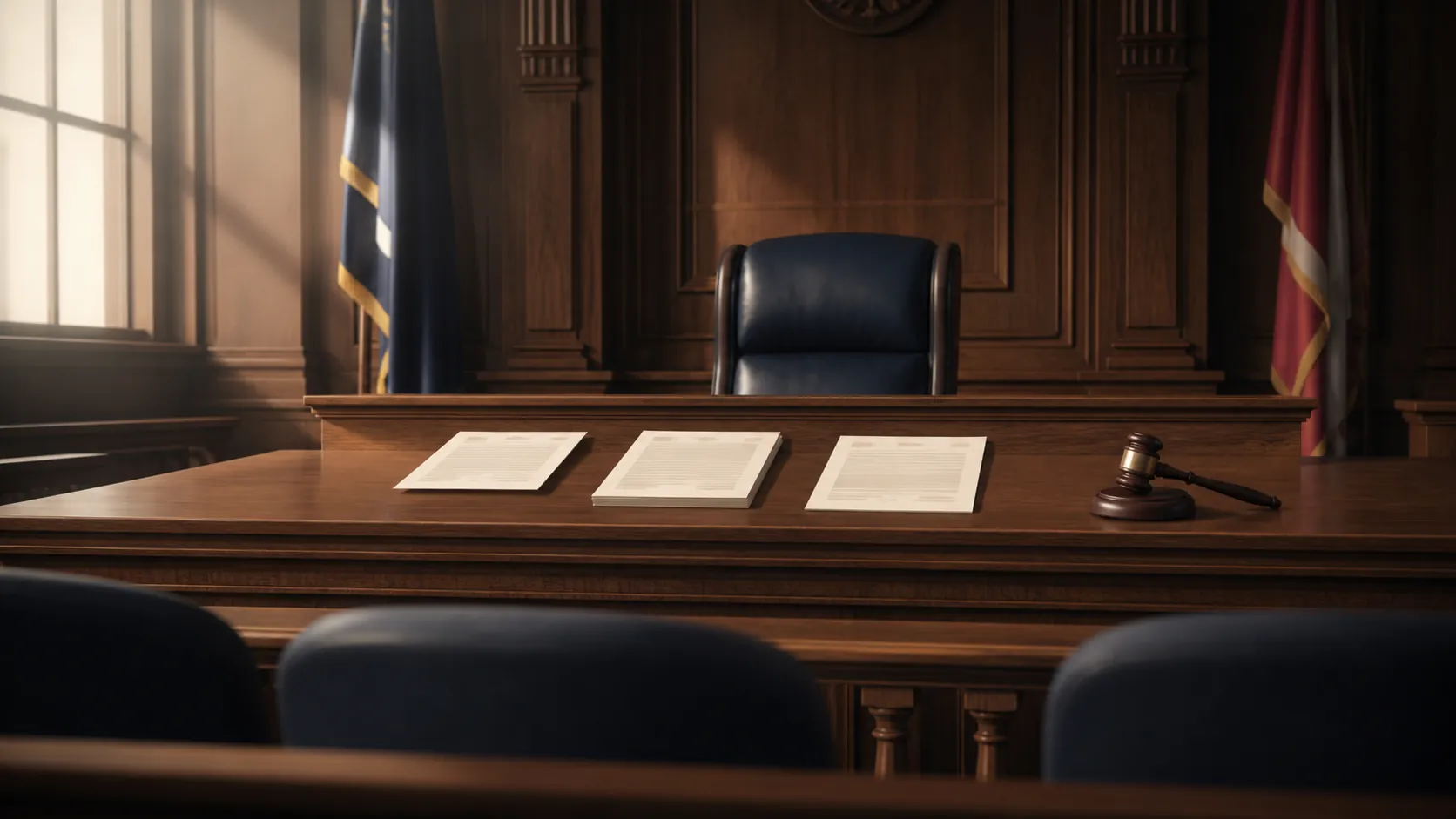 Empty courtroom bench with three legal order documents representing separate rulings