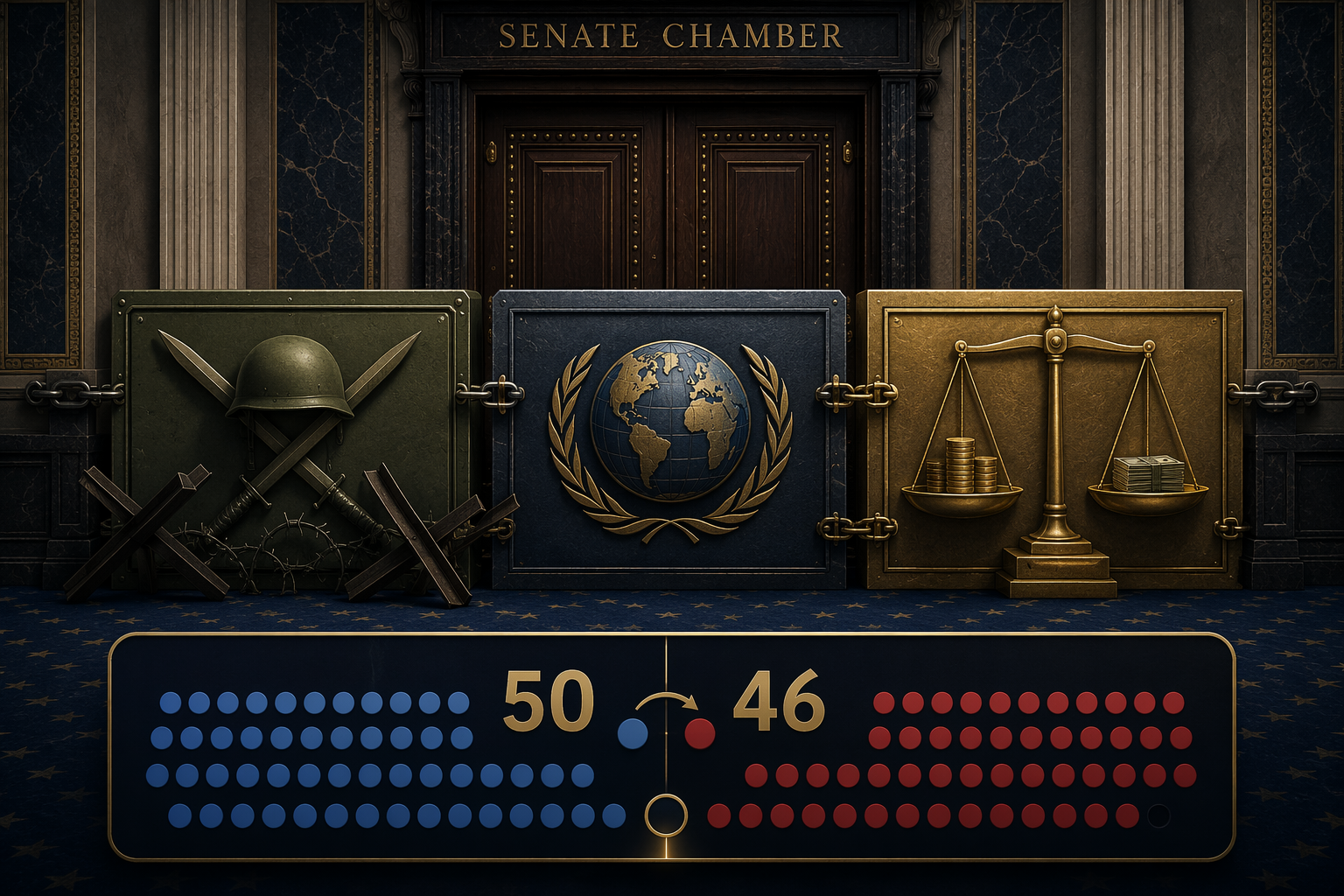 Senate chamber door blocked by Iran war, Israel FUTURES Act, and budget barriers with a 50-46 vote tally