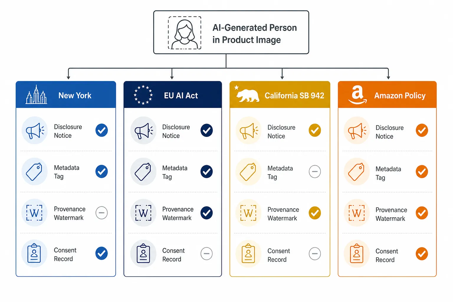Four-column comparison chart showing New York, EU AI Act, California SB 942, and Amazon policy obligations for an AI-generated person in a product image