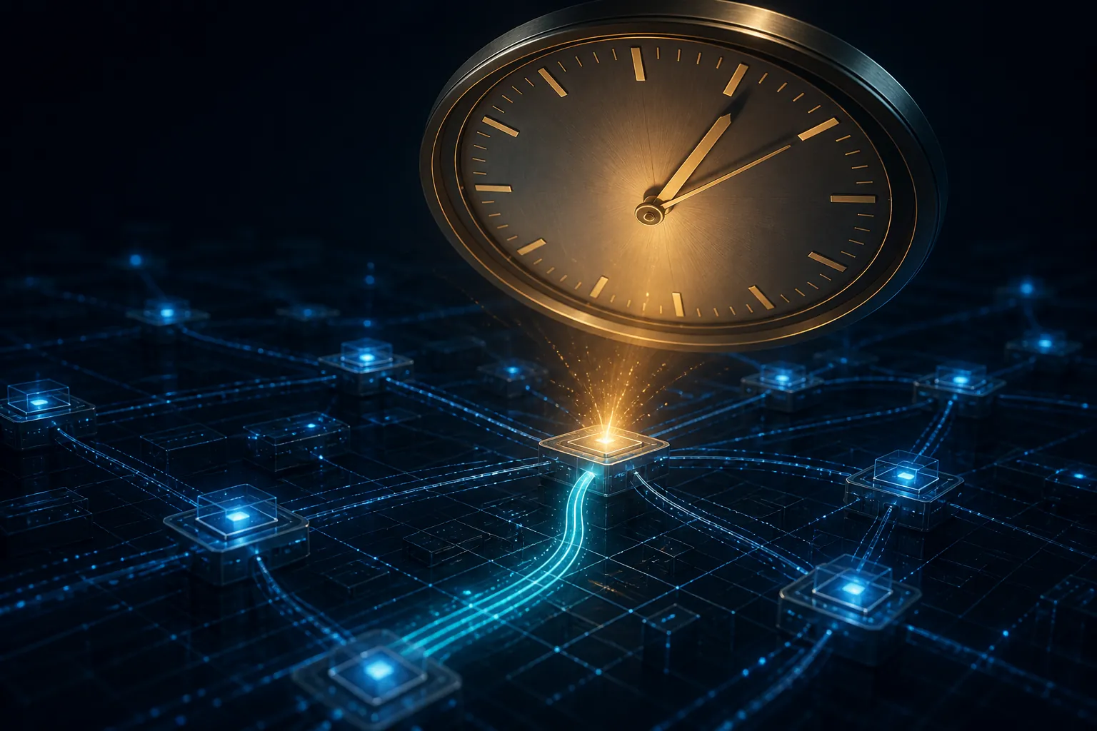 Stylized 5G core network with a diverted session flow and an analog clock suggesting a legal deadline countdown