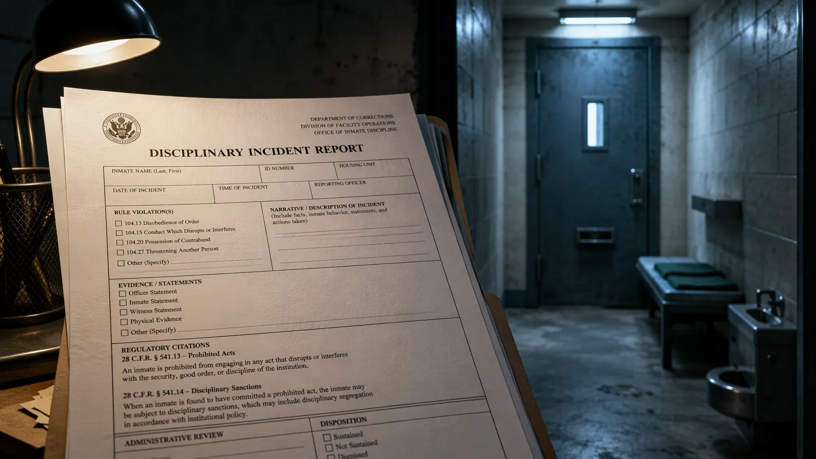 Disciplinary incident report in front of a solitary confinement cell